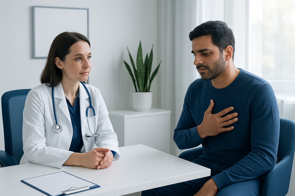 Doctor consulting with a patient about esophagitis symptoms in a clinic setting.