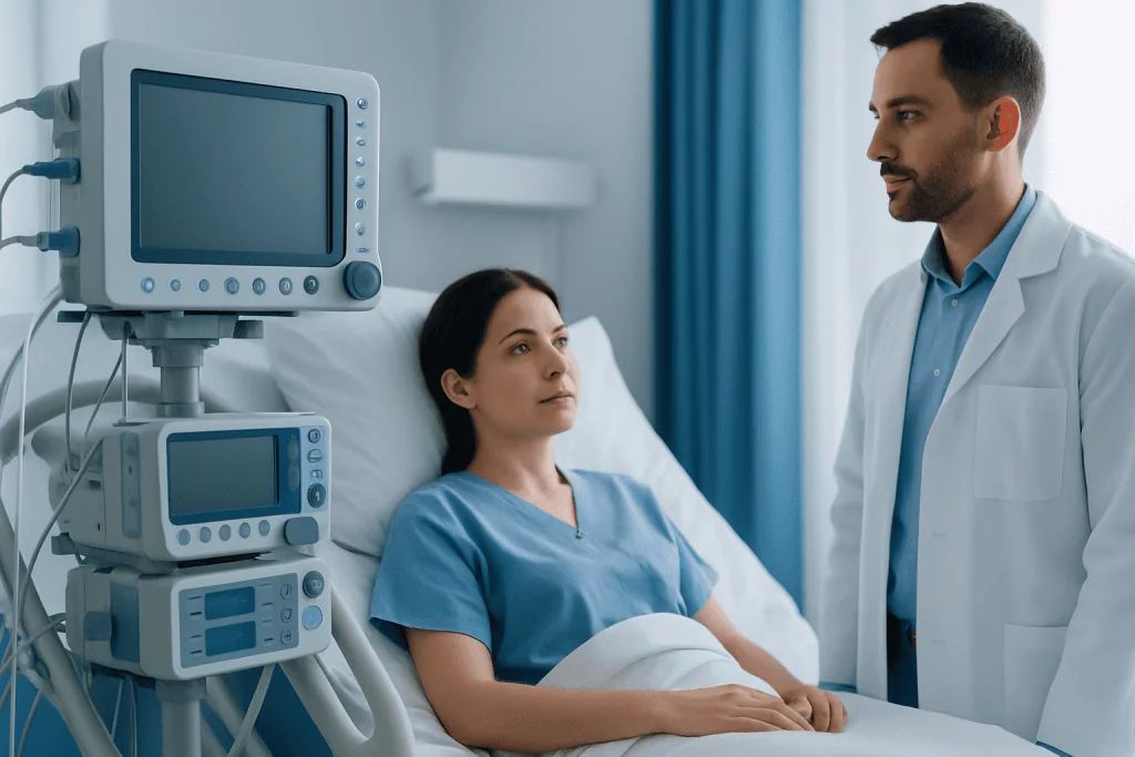 Doctor consulting patient in hospital room with medical monitors nearby.