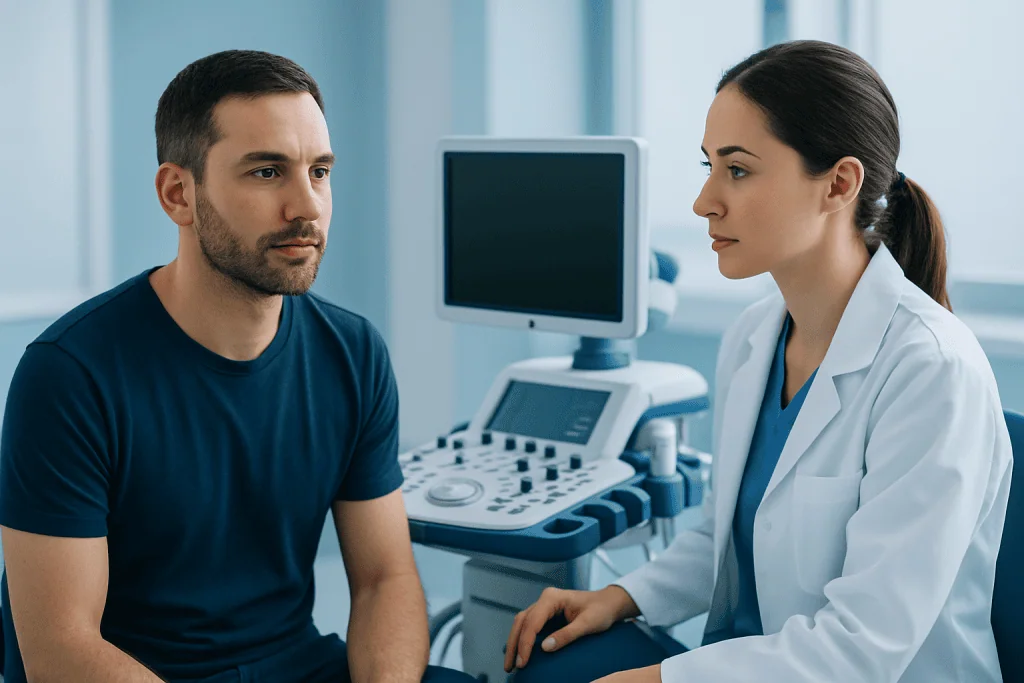 Doctor consulting male patient in a medical examination room.