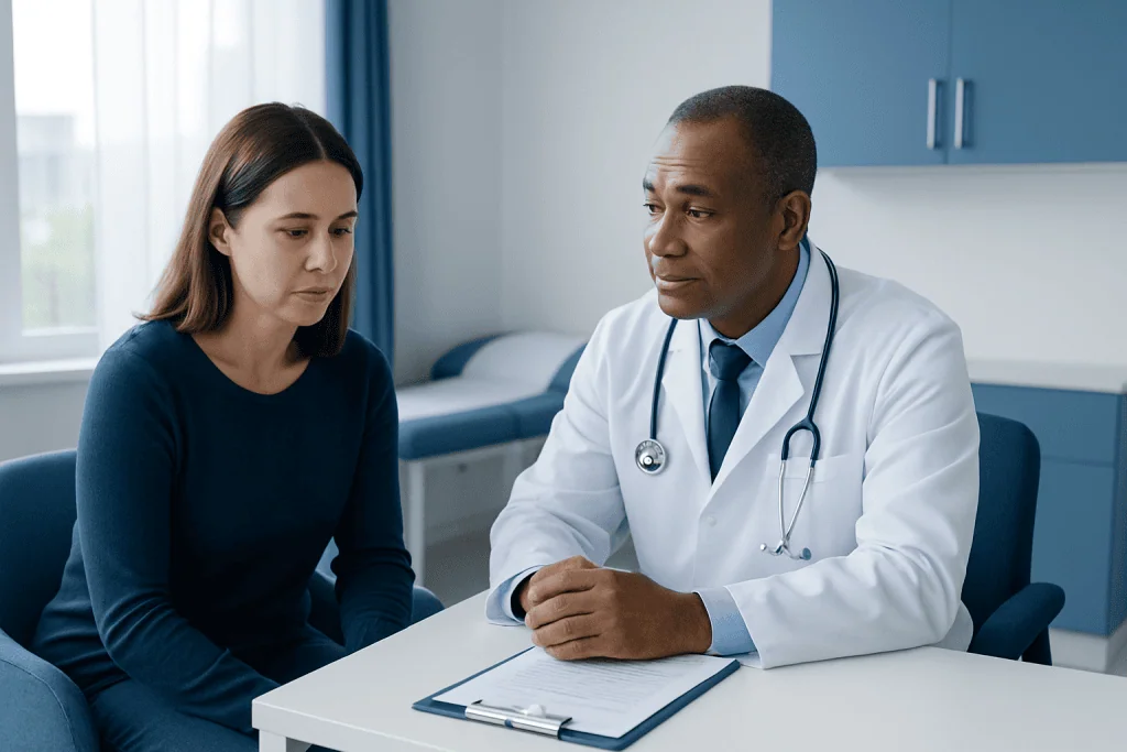 Doctor consulting with a female patient in a medical office.
