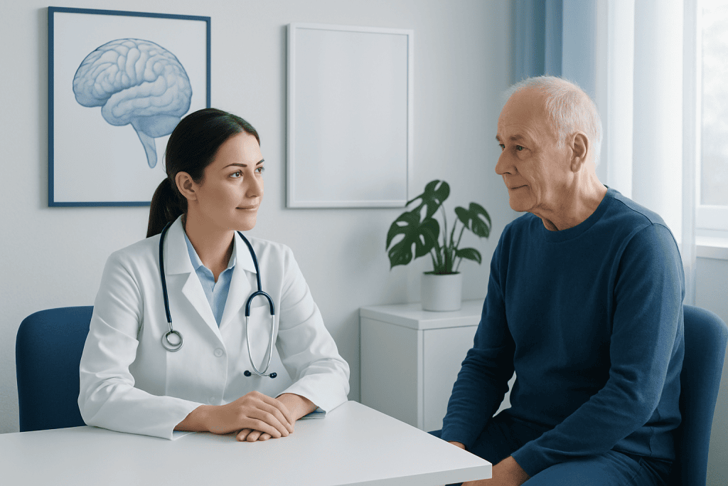 Doctor consulting with elderly patient in a medical office.