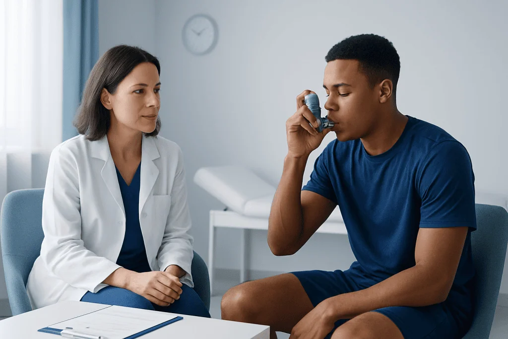 Doctor consulting with a young male patient about asthma symptoms in a clinic.