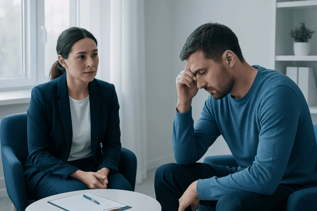 Patient and counselor in a consultation room discussing health concerns.