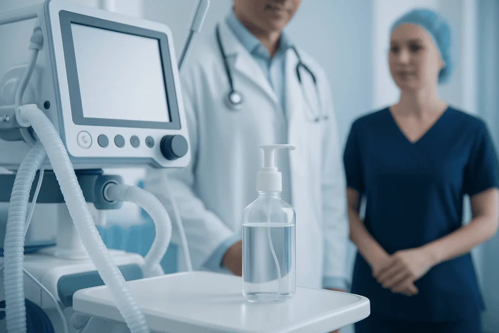Medical professionals in a hospital with hand sanitizer and medical equipment.