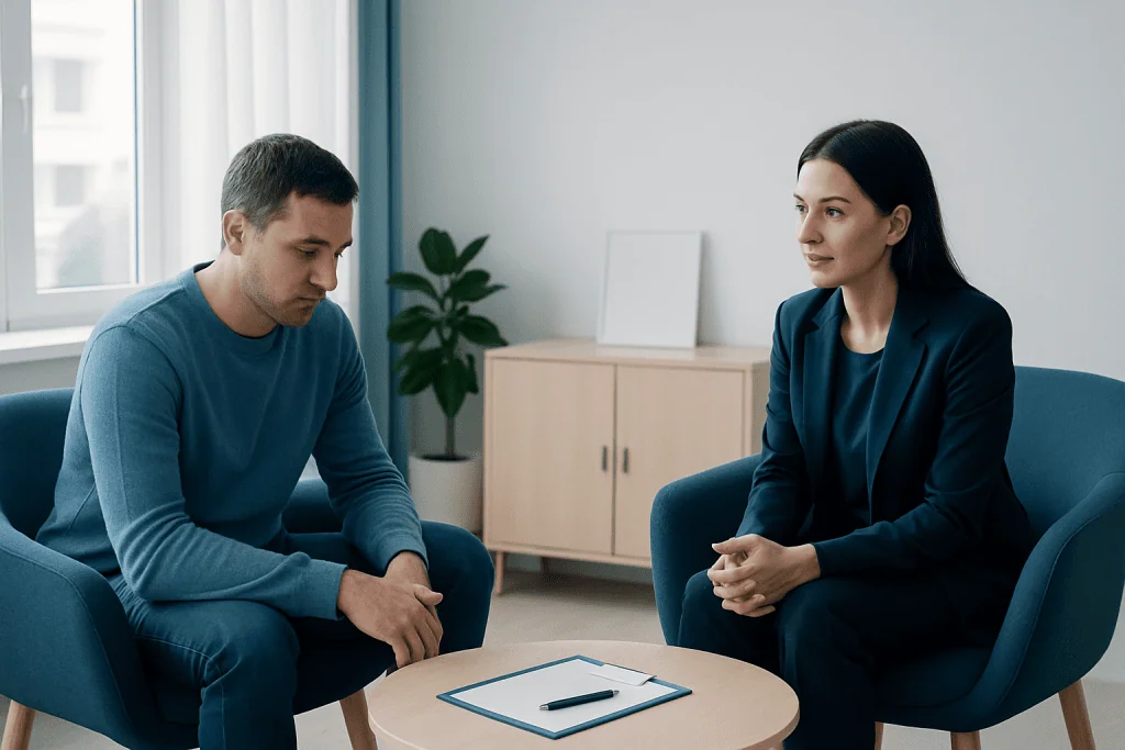 Therapist and patient in a counseling session at Acibadem Hospital.