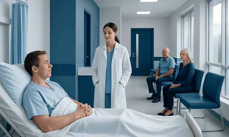 Patient in hospital bed talking to doctor in a modern hospital room.