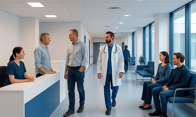 Hospital reception area with medical staff and patients in a modern clinic.
