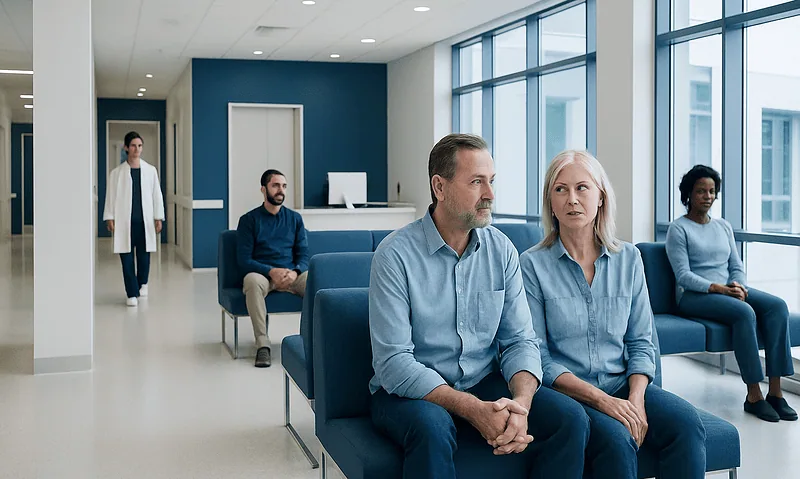 Patients waiting in a modern hospital lobby with large windows and blue accents.