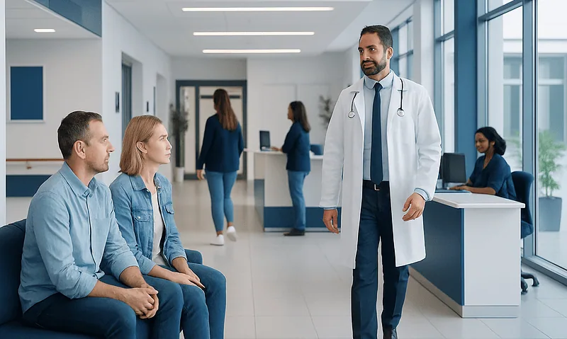 Doctor consulting patients in a modern hospital corridor in Turkey.