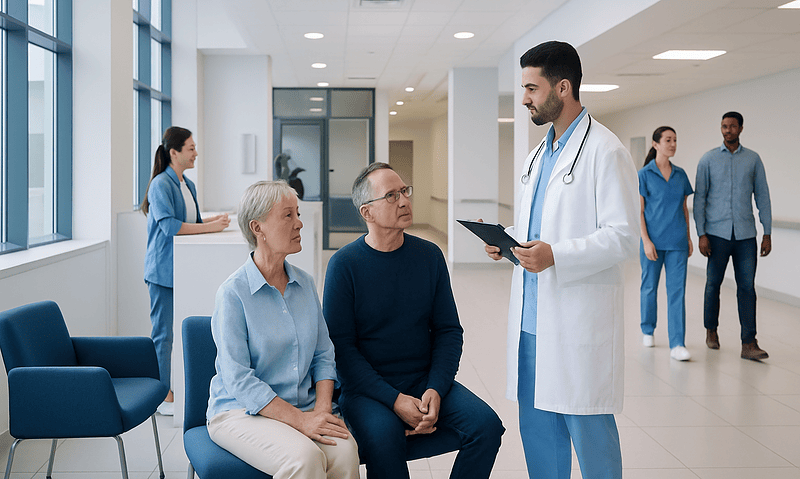 Doctor consulting with elderly patients in hospital corridor.