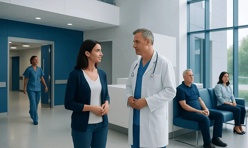 Doctor talking to a patient in a modern hospital lobby with waiting area.