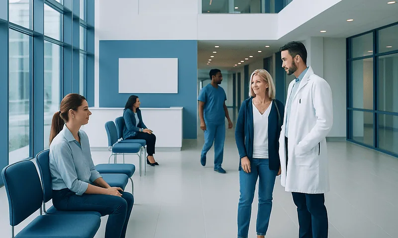 Healthcare professionals and patients in a modern hospital lobby.