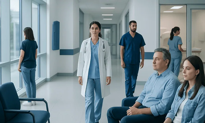 Medical staff and patients in a hospital corridor at Acibadem Hospitals Group.