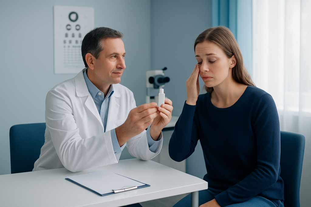 Doctor examining patient's eye with eye drops in a clinic setting.