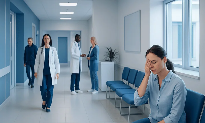 Woman with headache in hospital corridor, healthcare professionals in background.