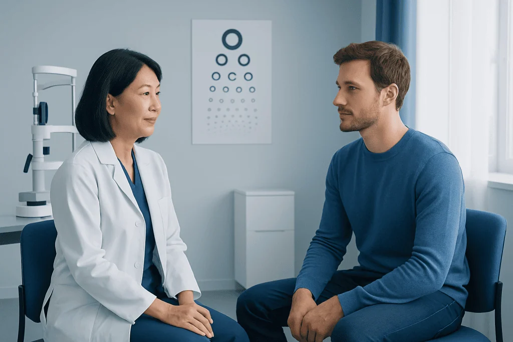 Optometrist consulting with a patient in a modern eye examination room.