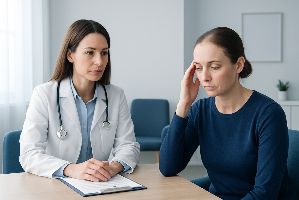 Doctor consulting with a woman about eyebrow thinning concerns.
