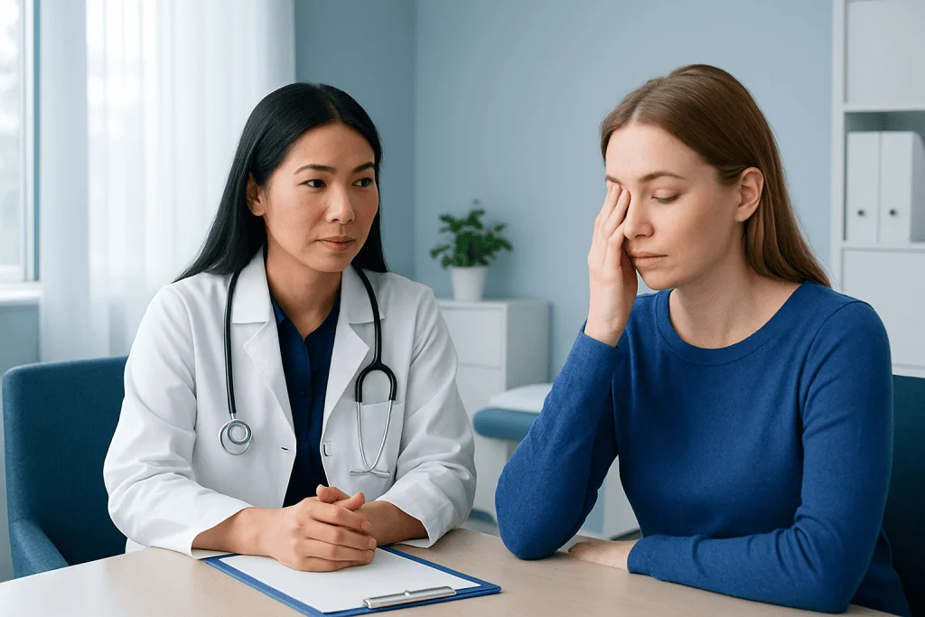 Doctor consulting with a patient about eyelid dermatitis symptoms.