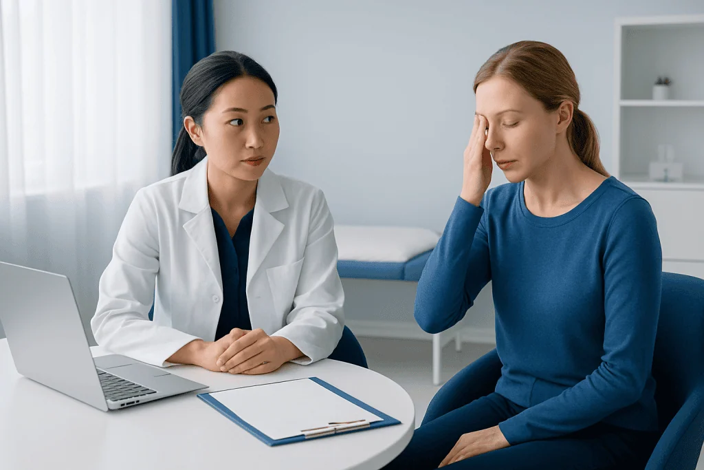 Doctor consulting with patient about eyelid eczema symptoms.
