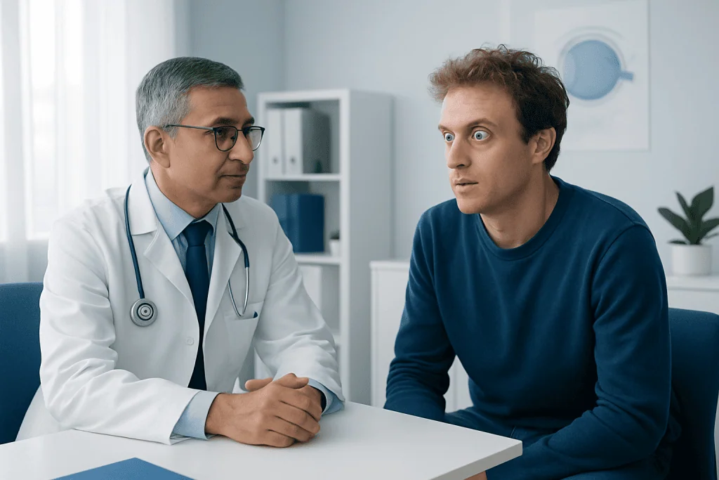 Doctor consulting with a young male patient in a medical office.