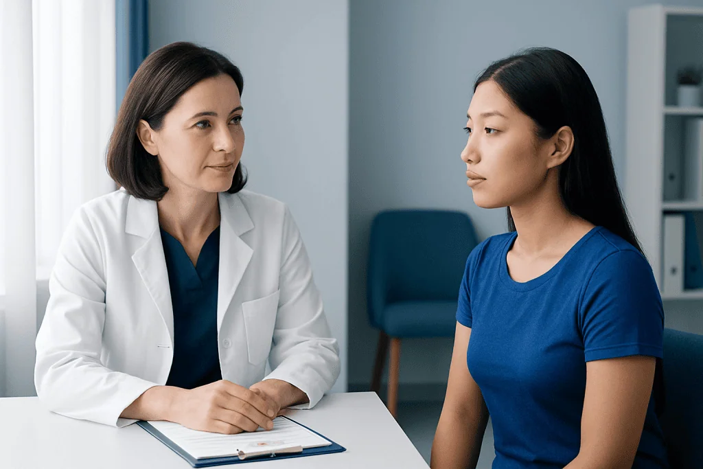 Doctor consulting with patient about facial features and ethnicity.