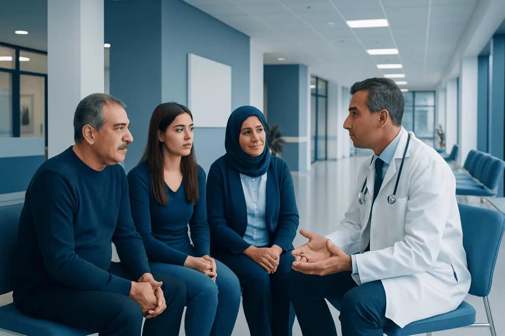 How Family Members Can Join Medical Discussions in Turkey Without Confusion 1 Doctor discussing medical options with family members in a hospital corridor.
