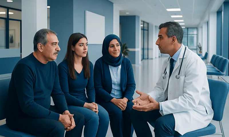Doctor discussing medical options with family members in a hospital corridor.