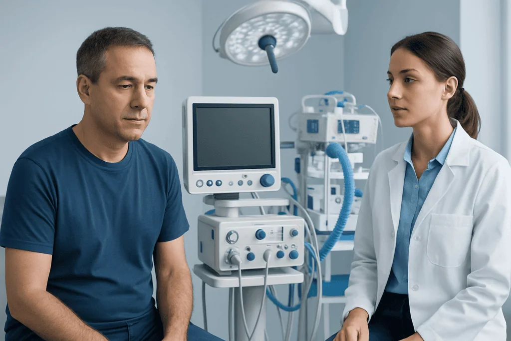 Doctor consulting patient in a hospital room with medical equipment.