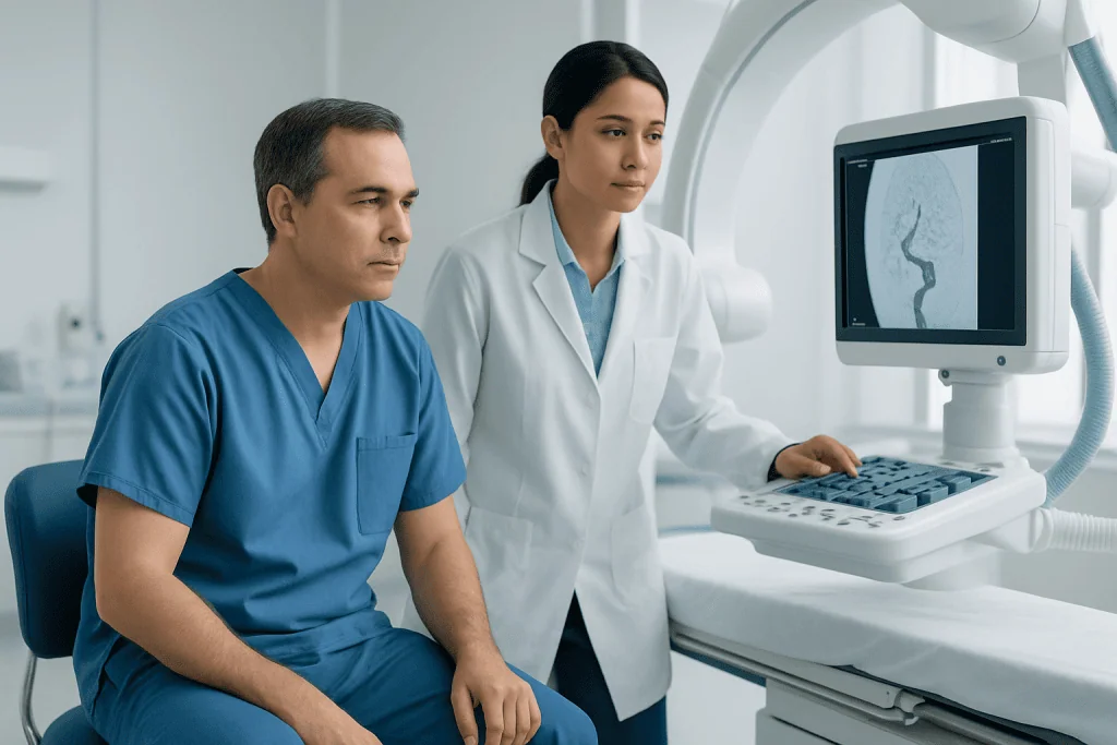Medical professionals reviewing brain scan in hospital setting.