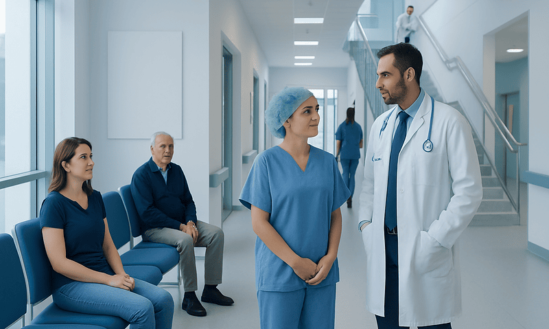 Medical staff and patients in a hospital corridor at Acibadem Hospitals Group.