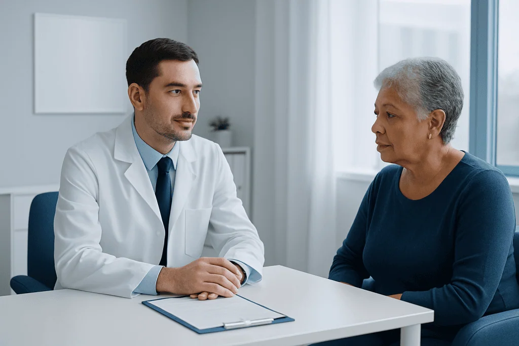 Doctor consulting with an elderly patient in a medical office.