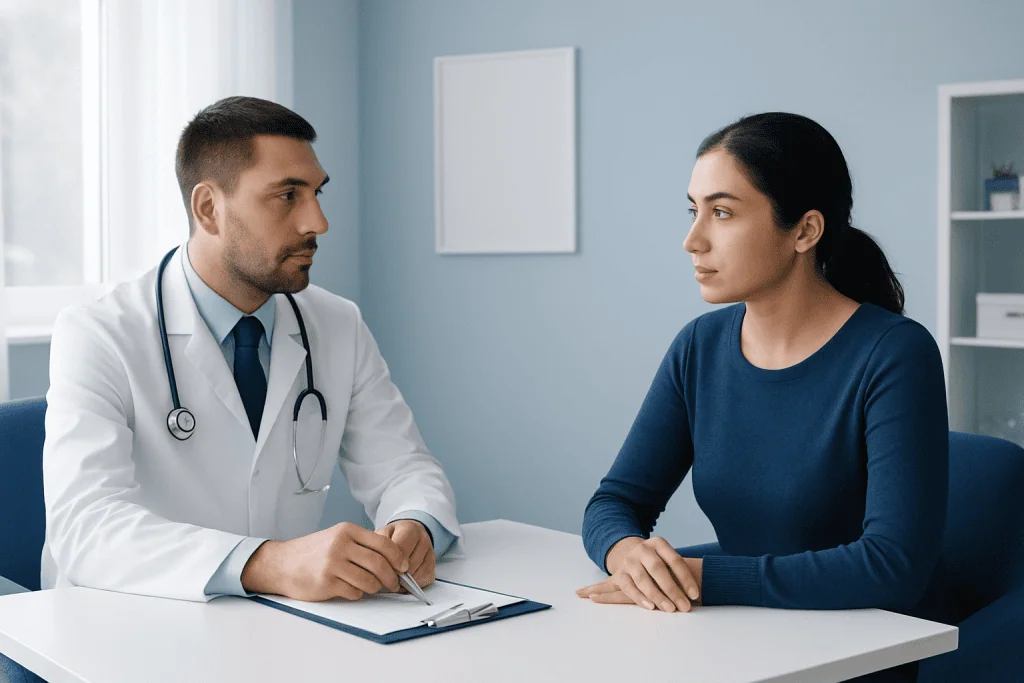 Doctor consulting with a female patient in a medical office.