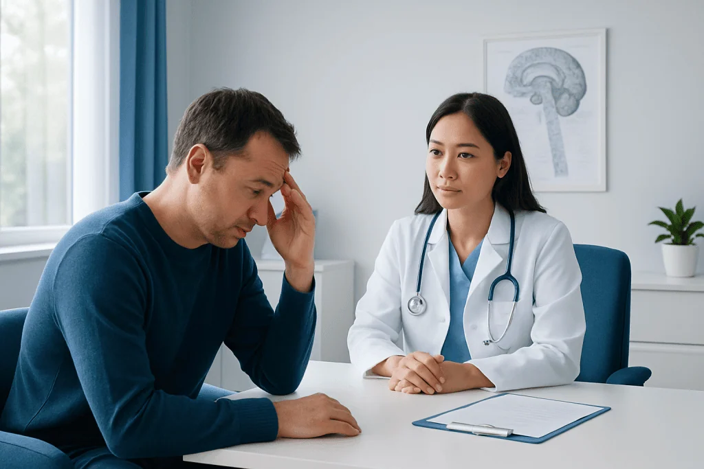 Doctor consulting with a patient about neurological health and recovery.