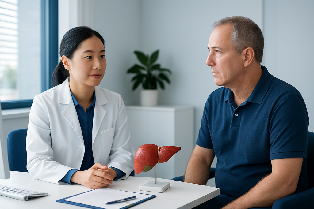Doctor explaining liver health to a patient in a consultation room.