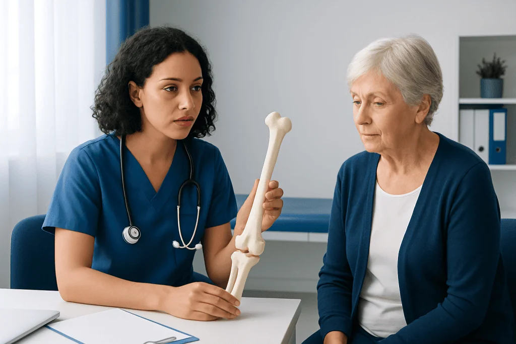 Medical professional explaining femur fracture to elderly patient with bone model.