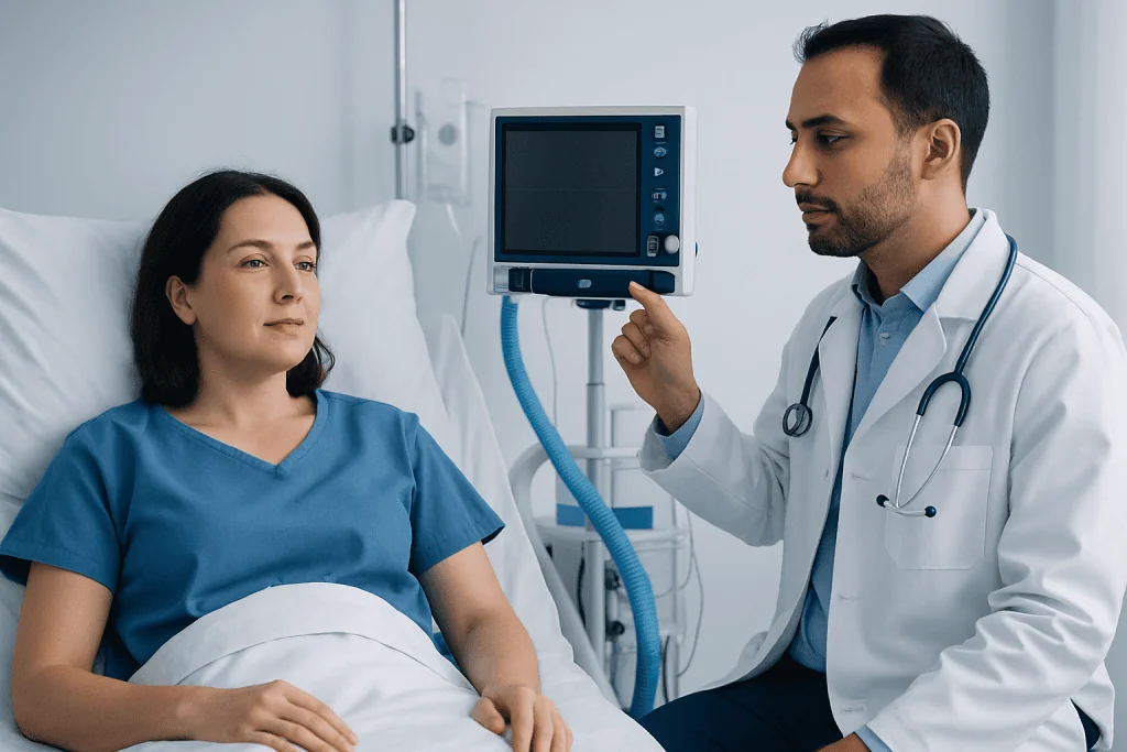 Doctor consulting with patient in hospital room with medical monitor.