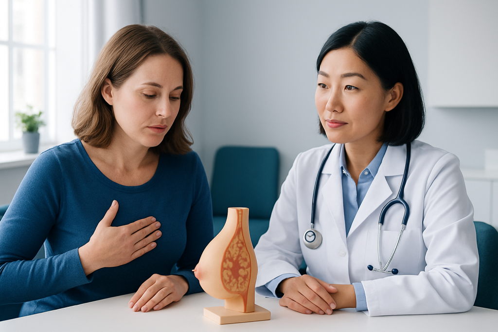 Doctor explaining breast health to a patient with a breast model.