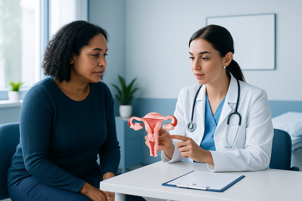 Gynecologist explaining uterine health to a patient with a model of the female reproductive system.