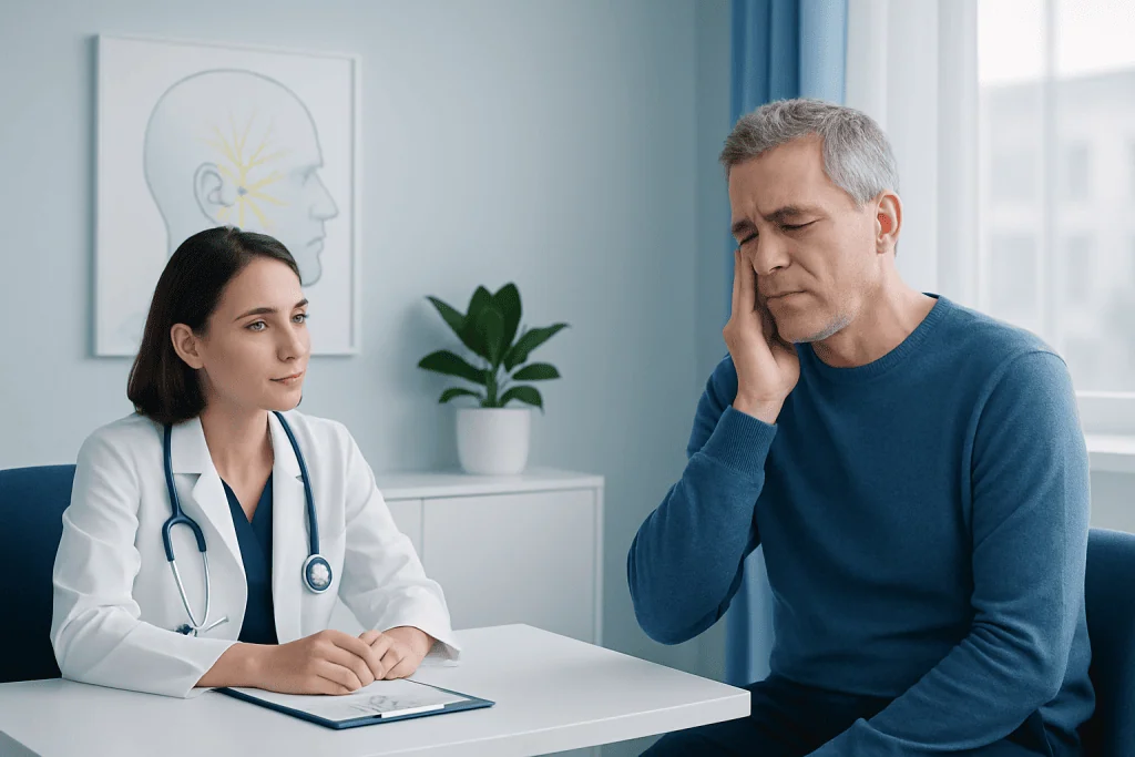 Doctor consulting with patient about facial pain and neuralgia symptoms.