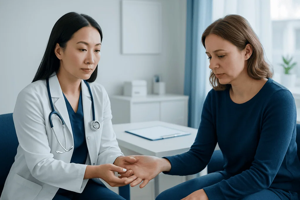 Doctor examining patient's hand in a medical consultation room.