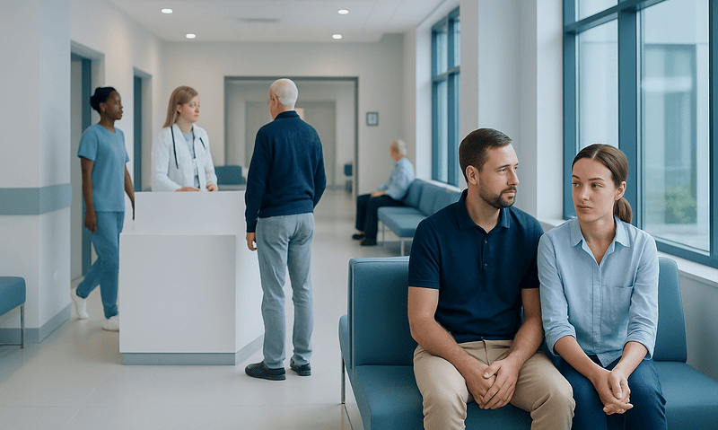 Patients waiting and consulting in a modern hospital reception area.