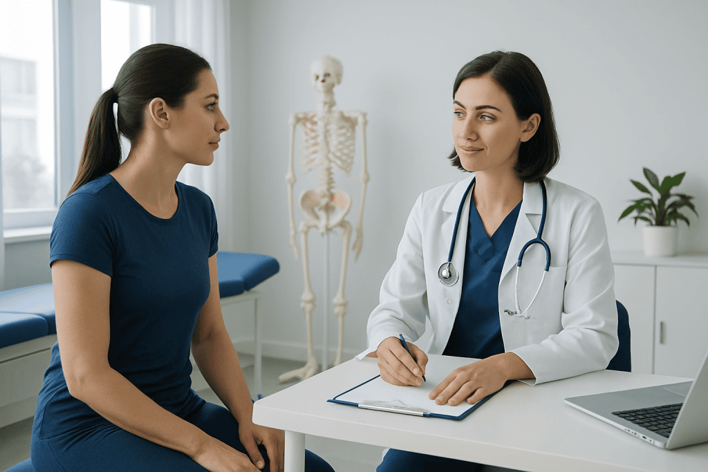 Doctor consulting a patient in a medical office with a skeleton model in the background.