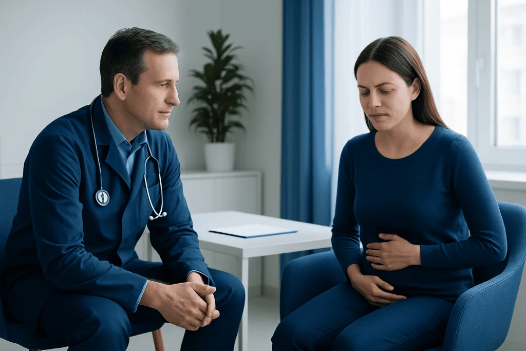Doctor consulting with a woman patient about abdominal discomfort.