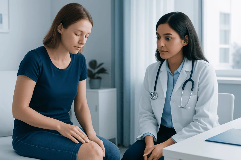 Doctor examining a patient's knee in a medical consultation room.