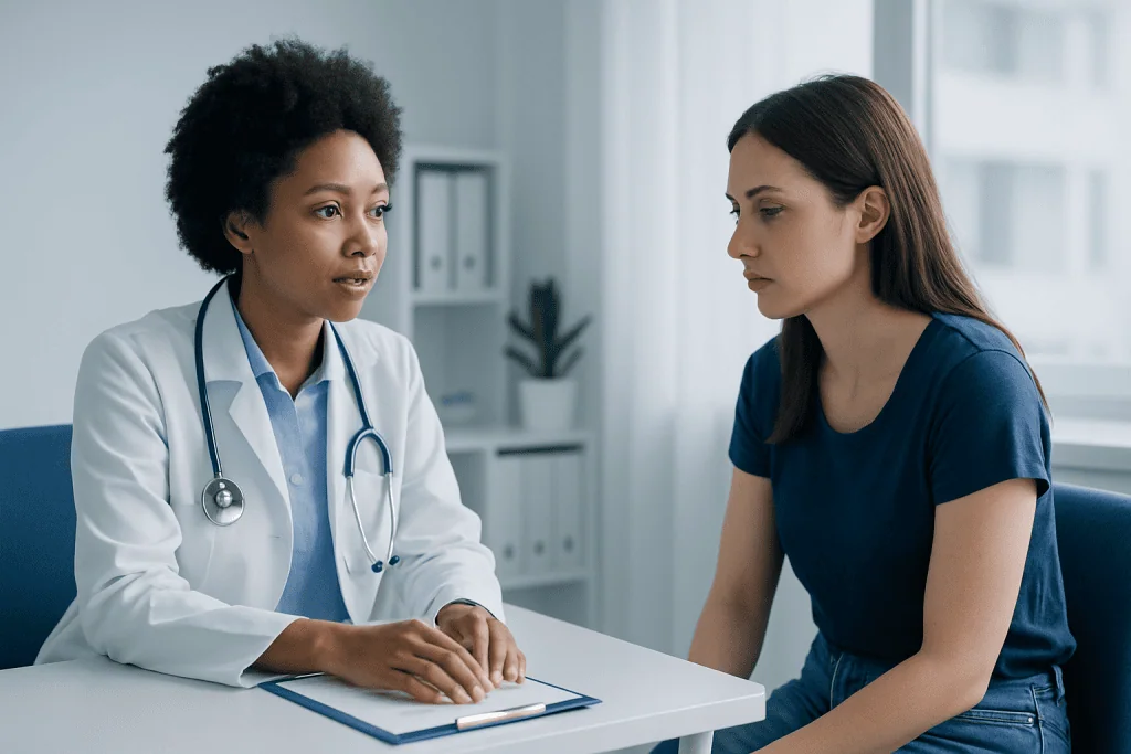 Doctor consulting with a patient in a medical office setting.