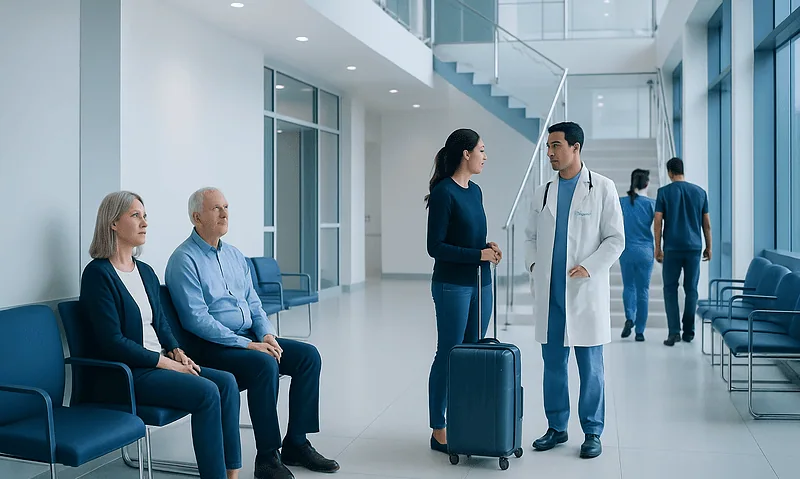 Patients and medical staff in a modern hospital lobby with seating and large windows.