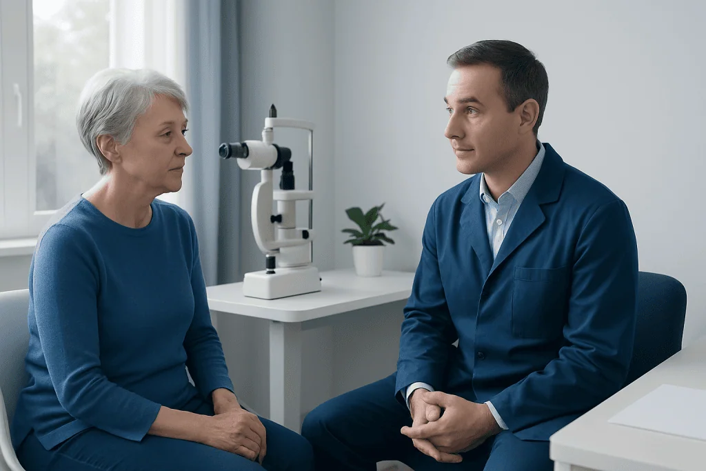 Ophthalmologist consulting with elderly patient in clinic setting.