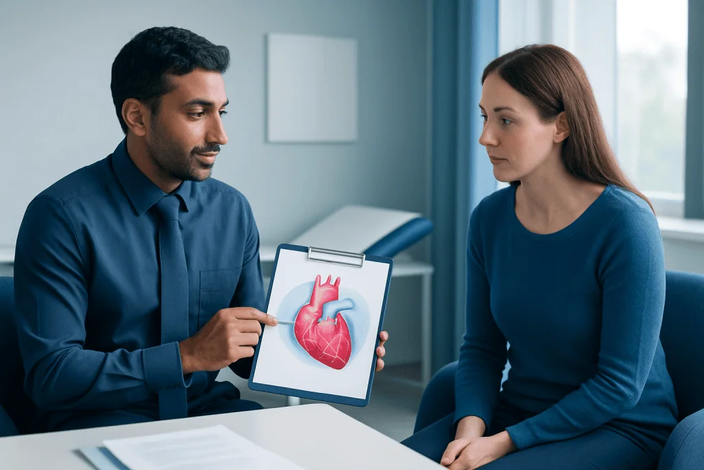 Doctor explaining pericardial effusion to patient with heart diagram.