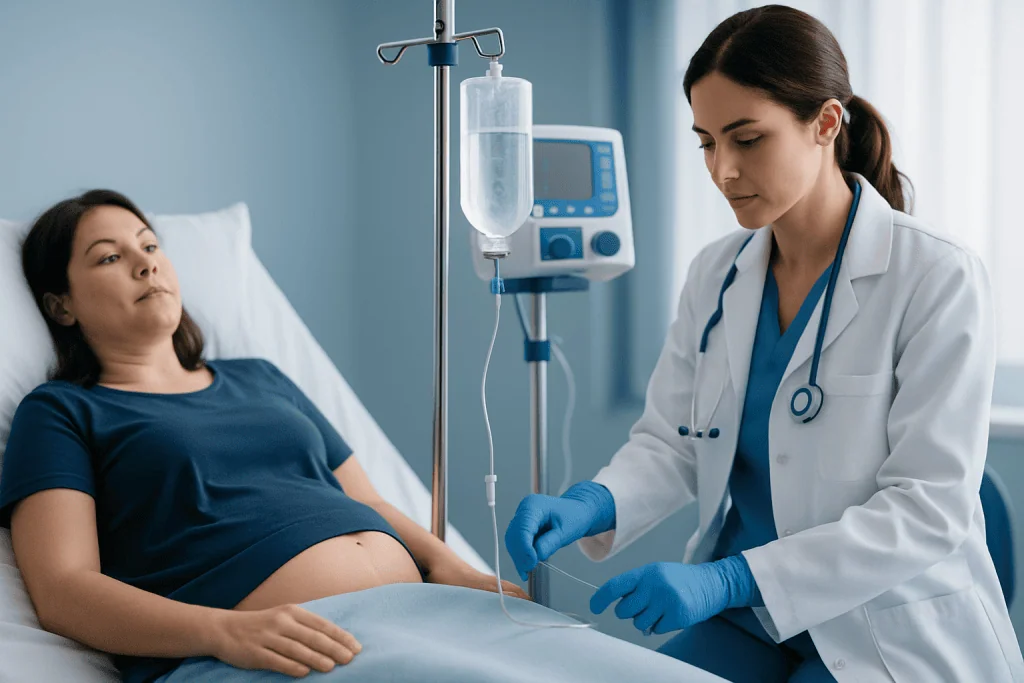 Doctor preparing for paracentesis procedure in hospital room.