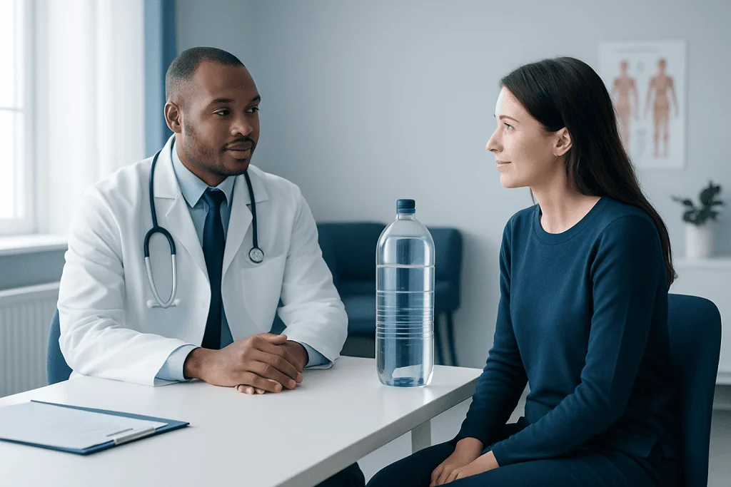 Doctor consulting female patient in a medical office with water bottle on table.